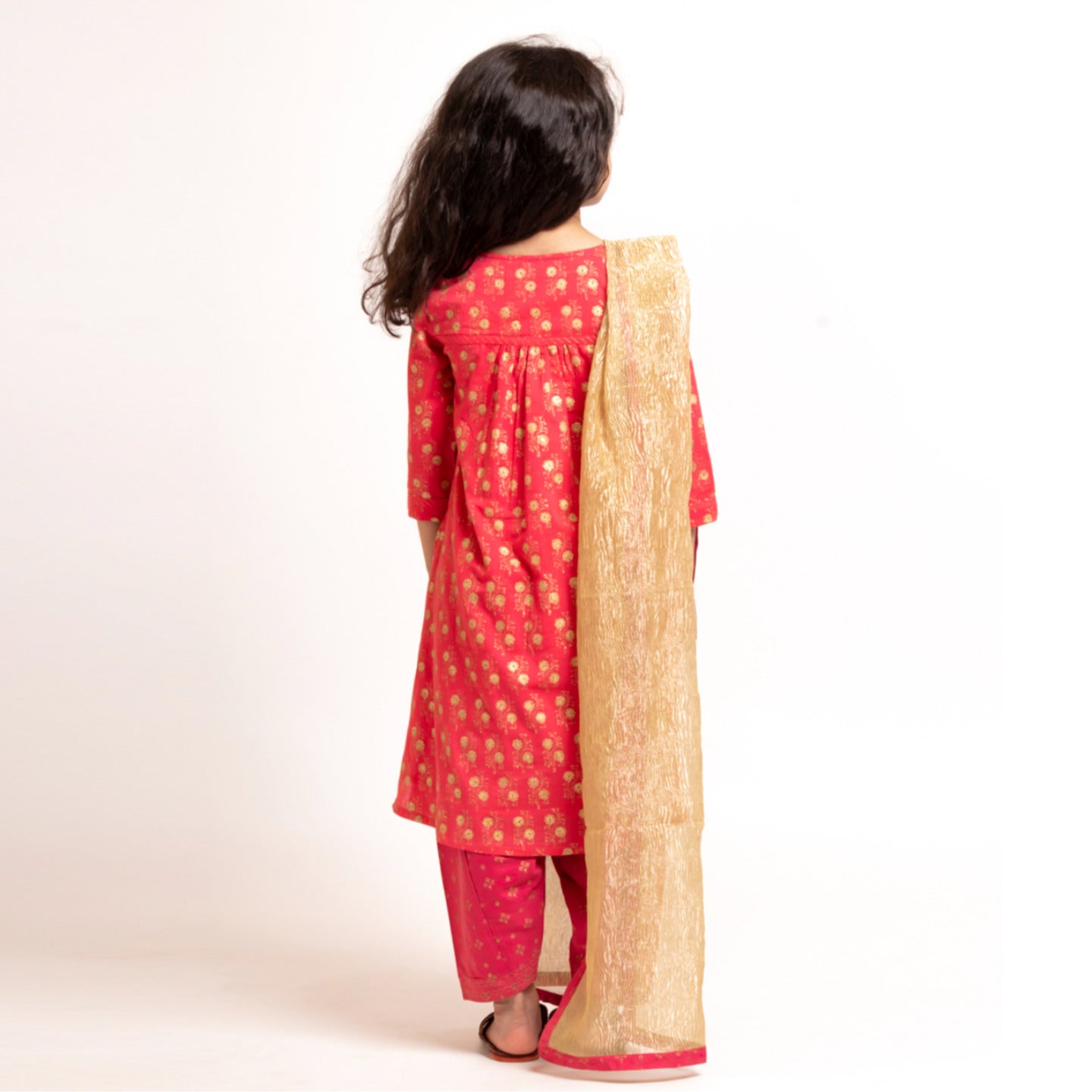 Girl's Block printed Kurta Set Gold Buti Pink