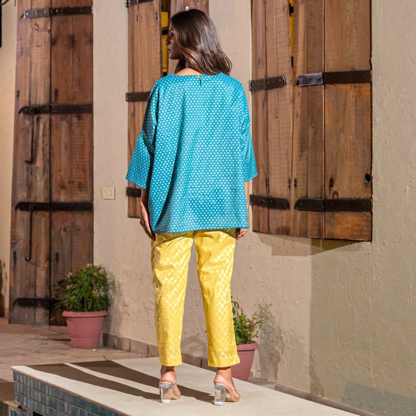 Women Jacquard Chanderi Coord Set Blue- Yellow