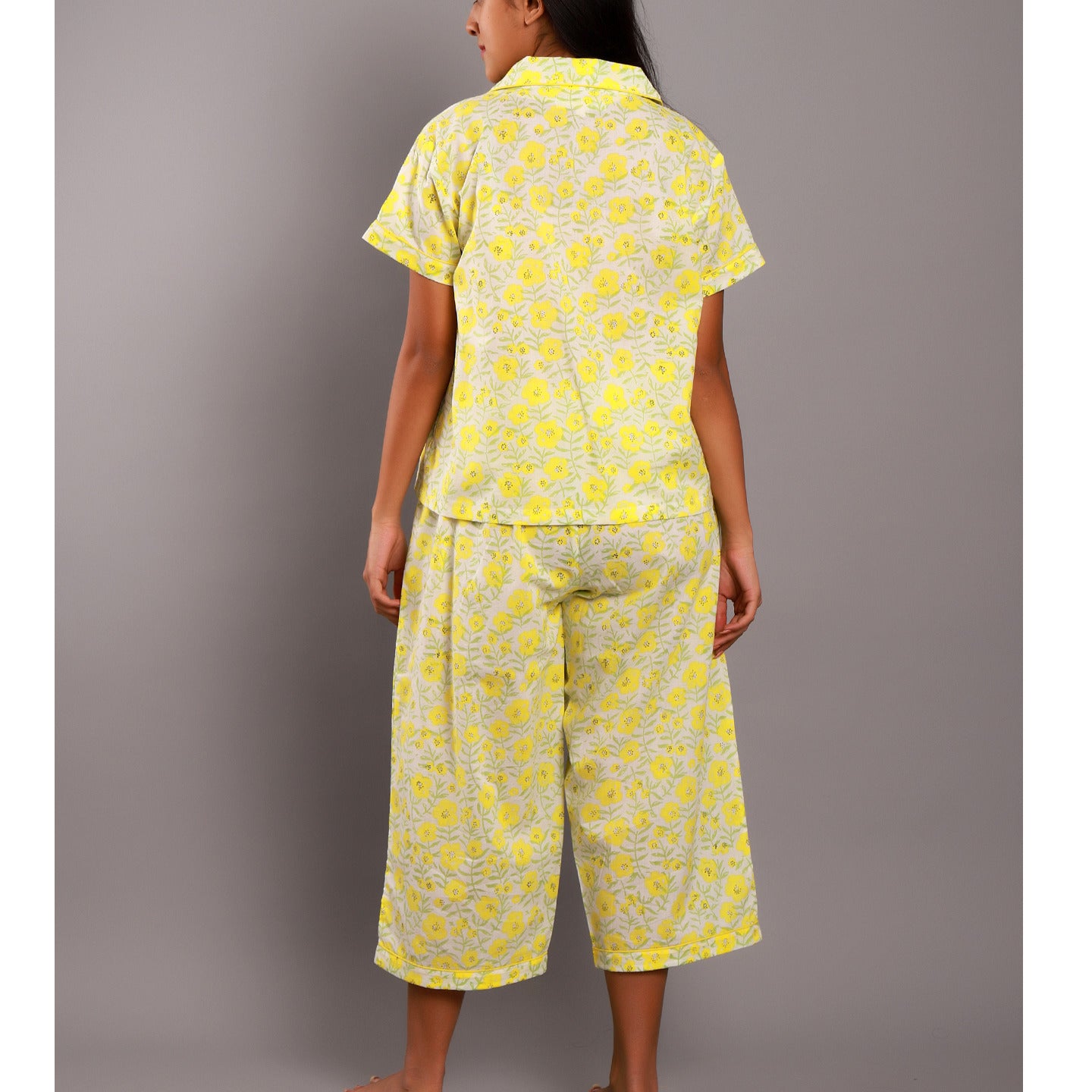 Floral Night Suit Capris Set Yellow