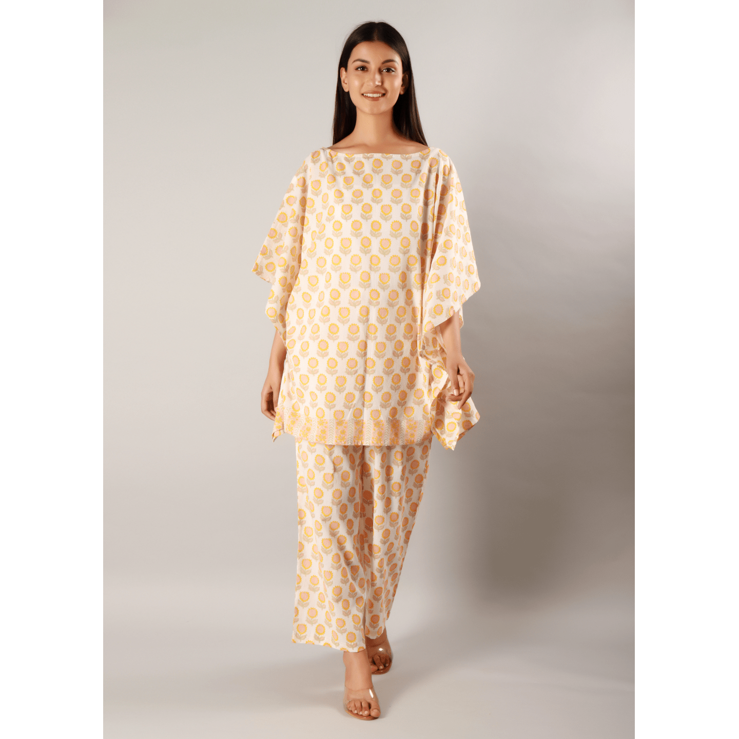 Block printed Women kaftan set Sunflower yellow