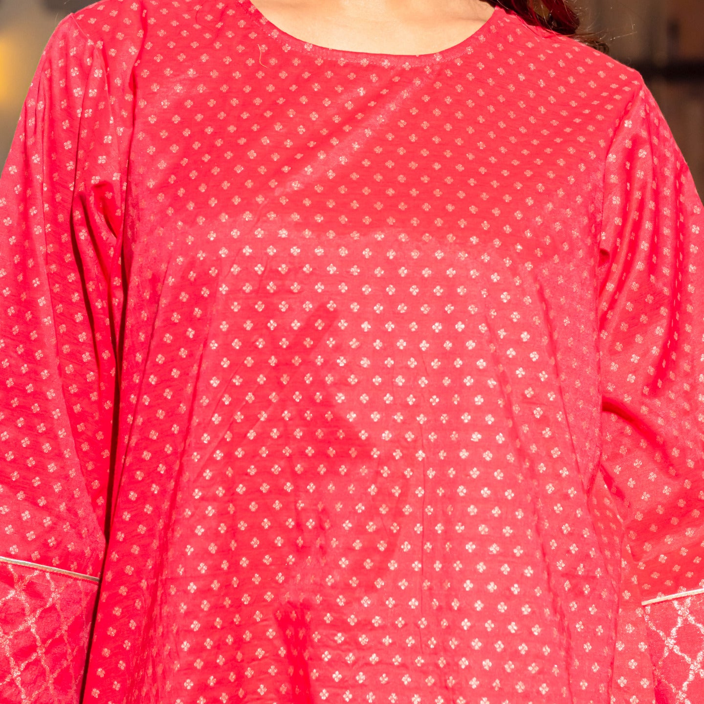 Women Jaquard Chanderi Kurta pants set Red