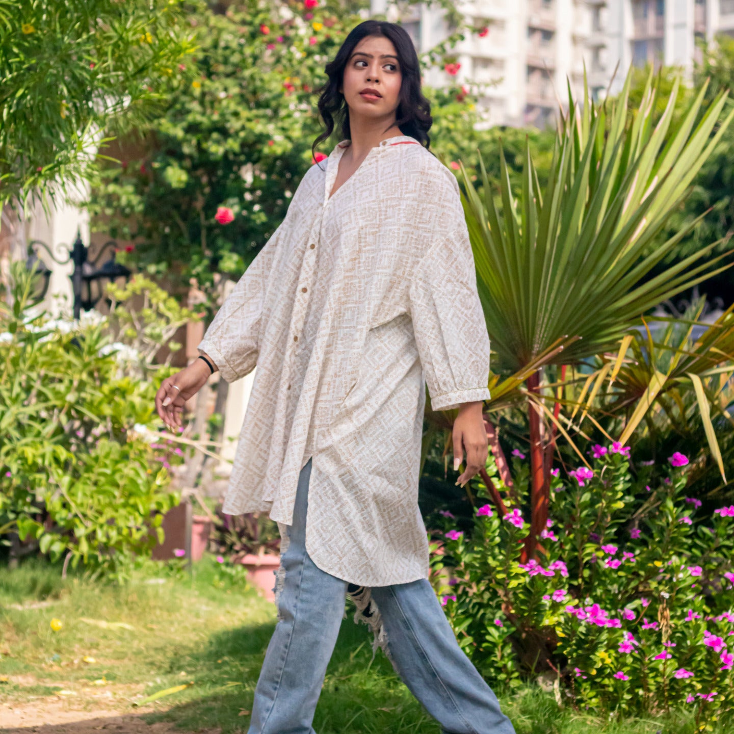 Women Block printed oversized shirt dress