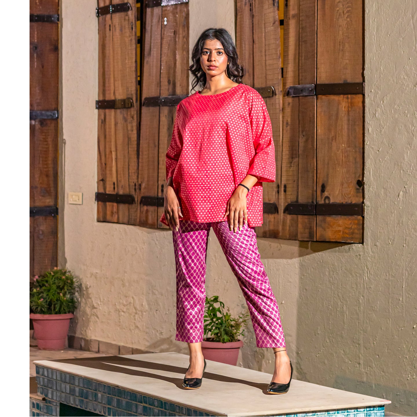 Women Jacquard Chanderi Coord Set Pink- Purple