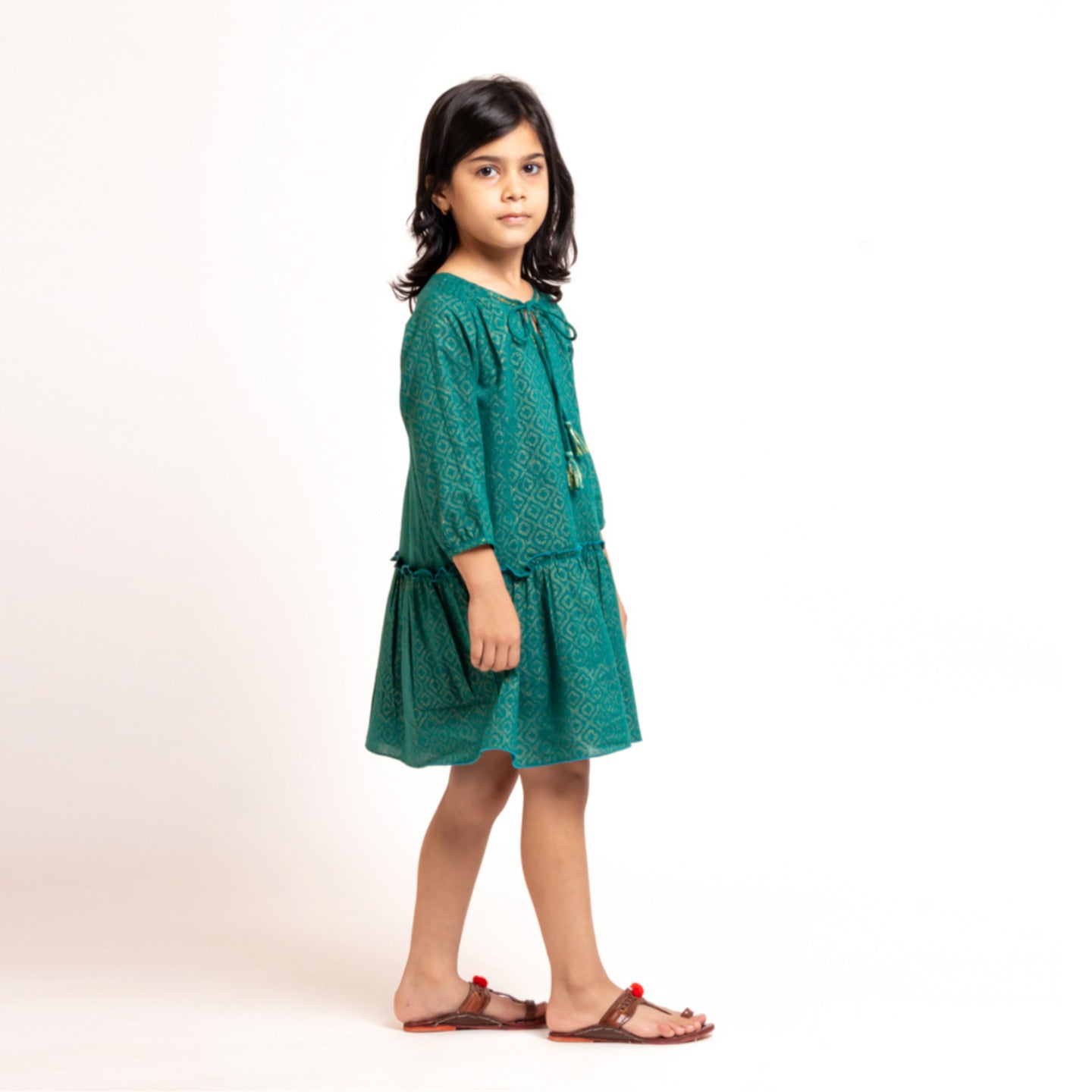 Girl's Block printed Dress Green