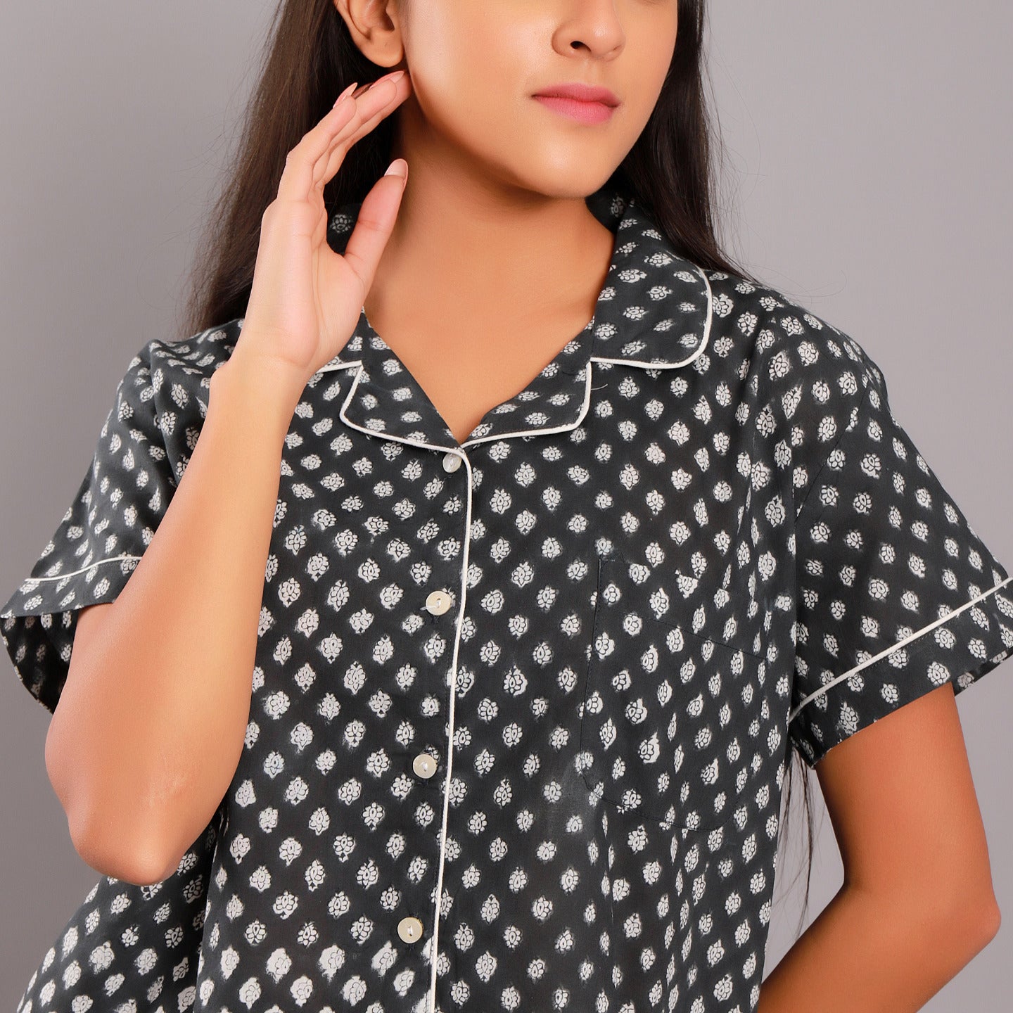 Nora Night Suit Shorts Set- Black