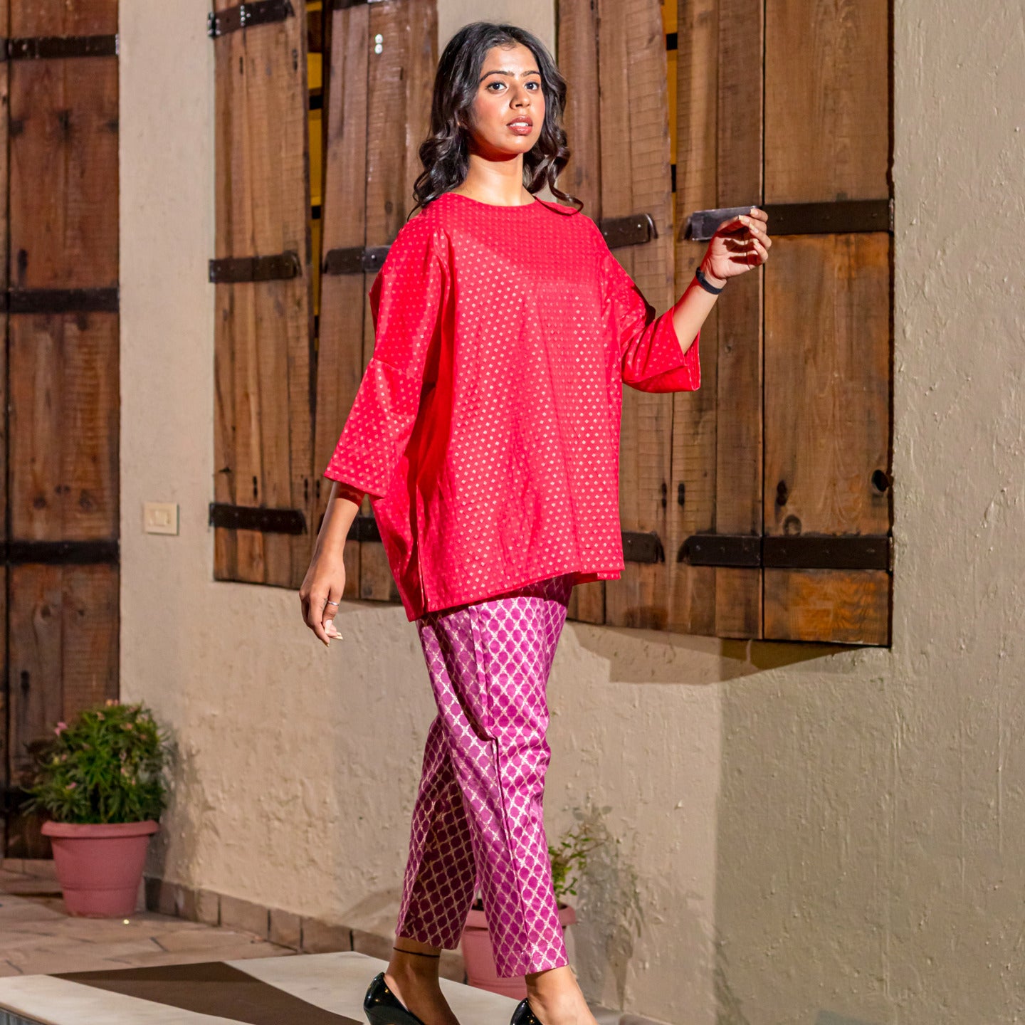 Women Jacquard Chanderi Coord Set Red- Purple