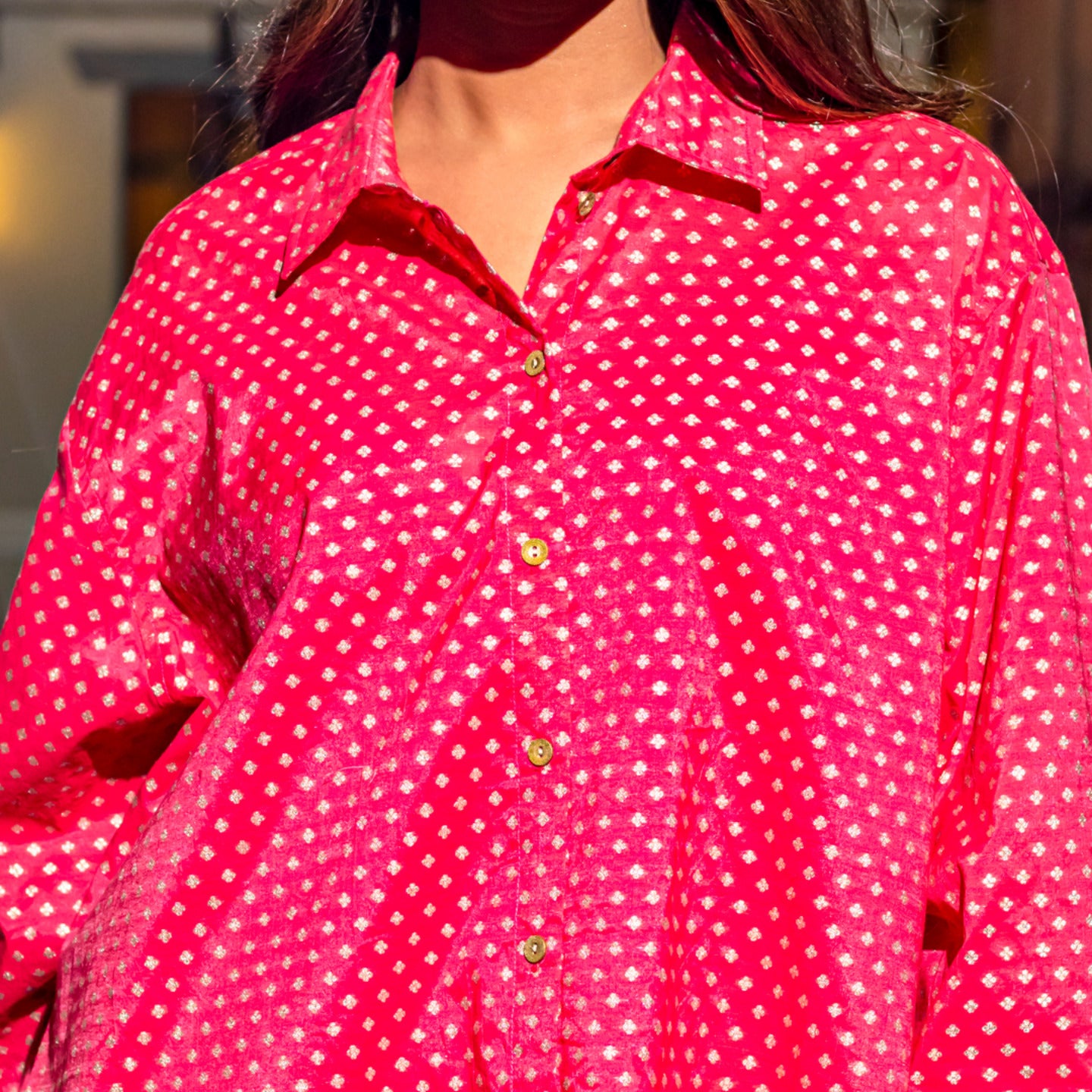 Women Jacquard Chanderi Over sized Shirt Coord Set Pink- Purple