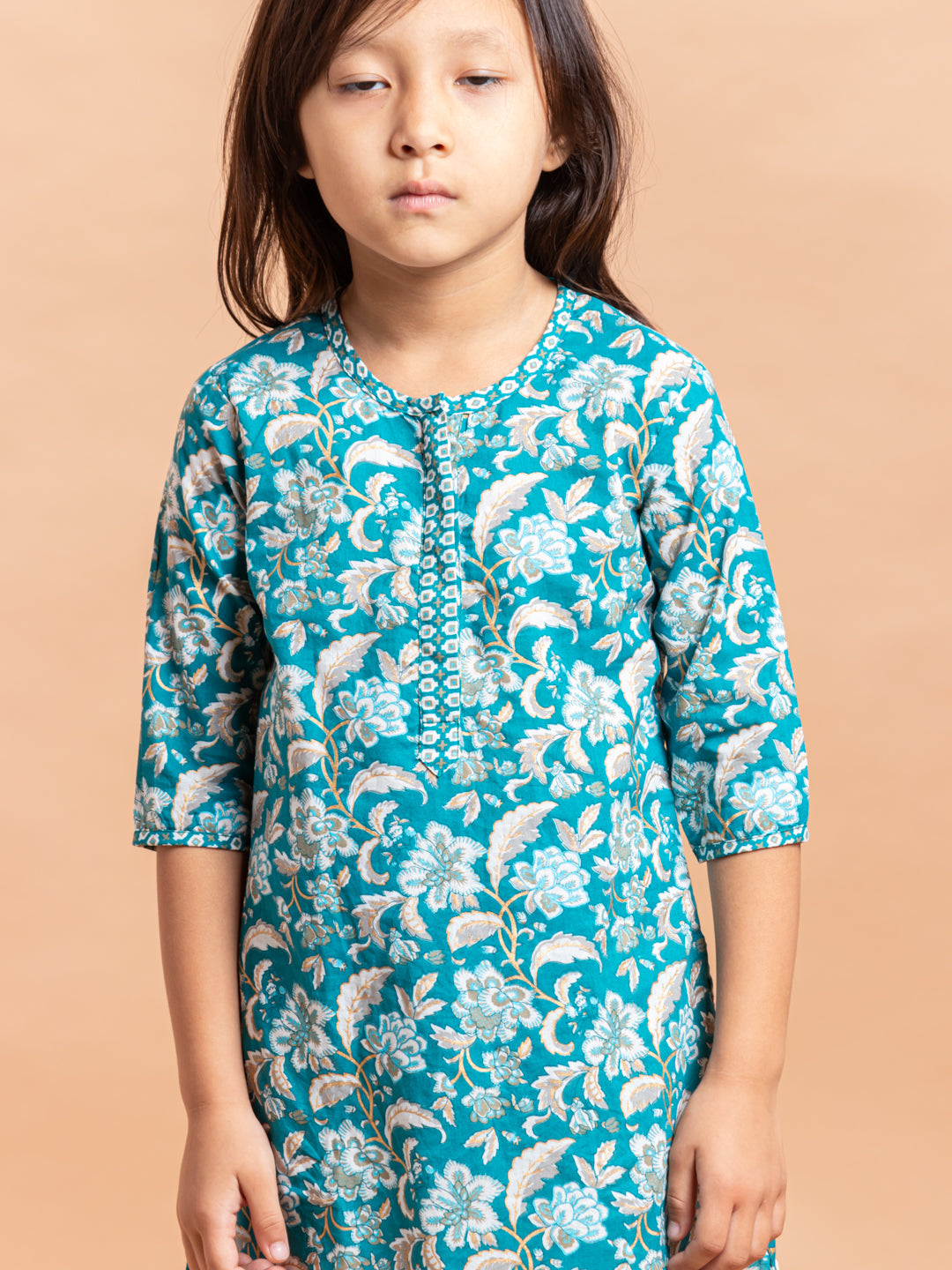 Girls Printed Kurta Set Teal Jaal