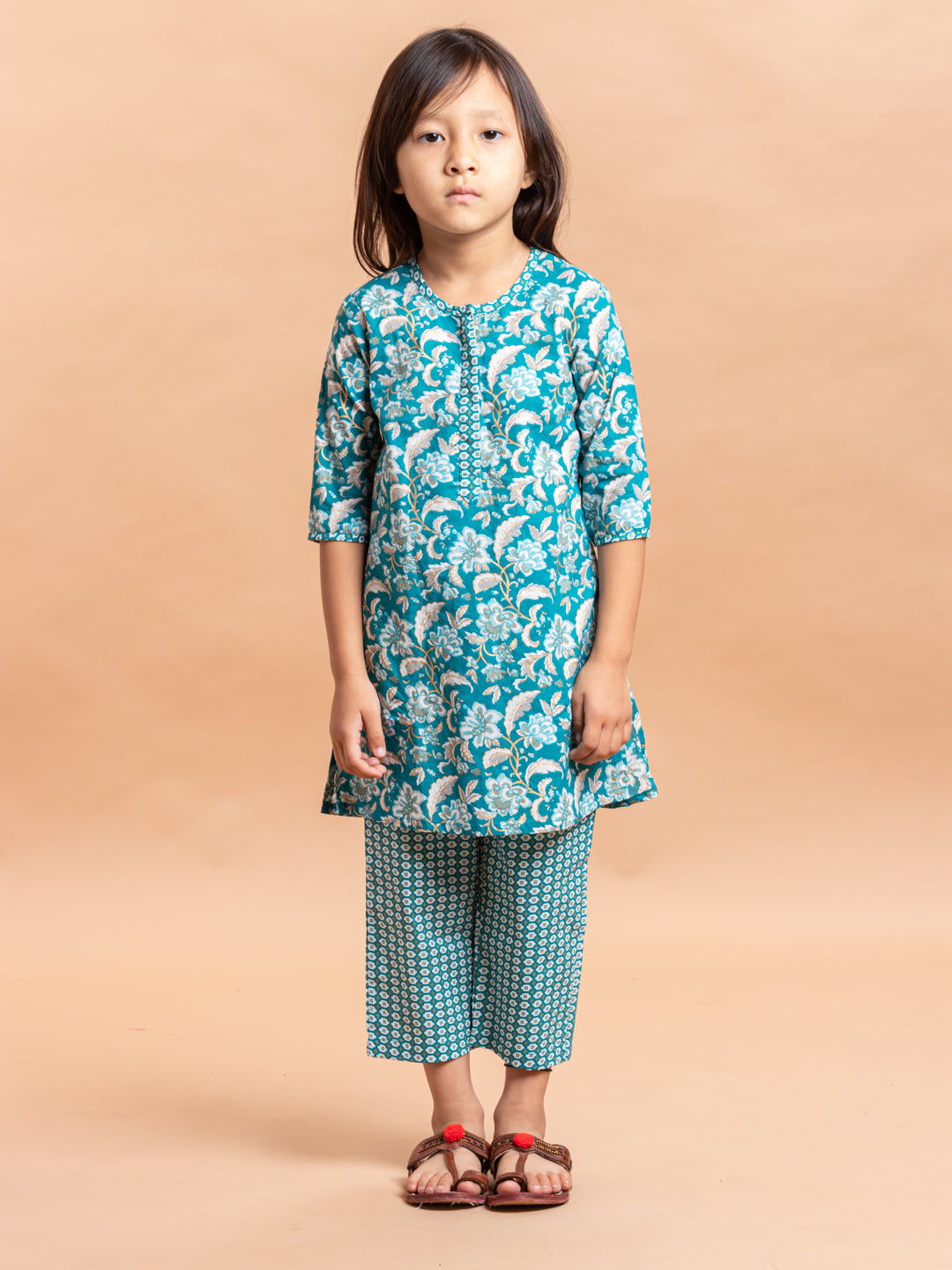 Girls Printed Kurta Set Teal Jaal