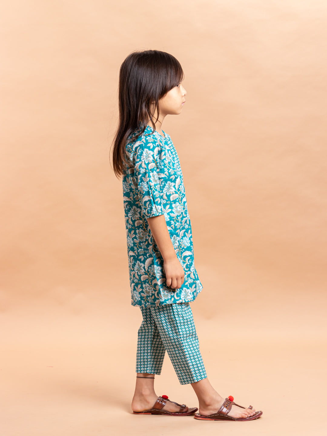 Girls Printed Kurta Set Teal Jaal