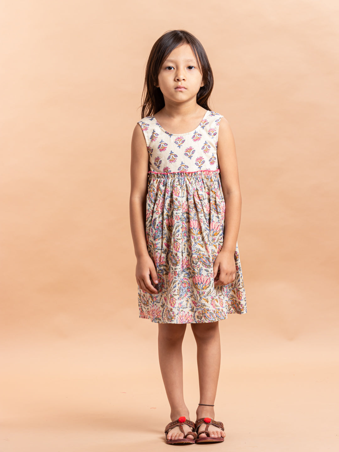 Girls Printed Dress Beige Buti Jaal- 20401