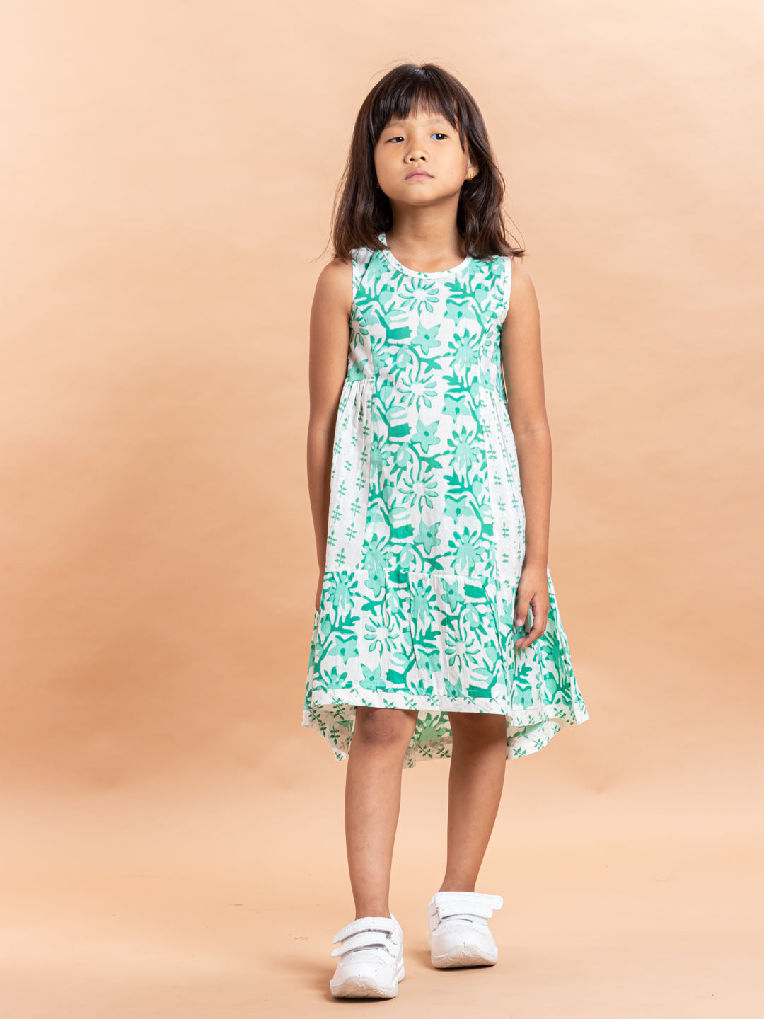 Girls Printed Dress- Luna Block Jaal Aqua