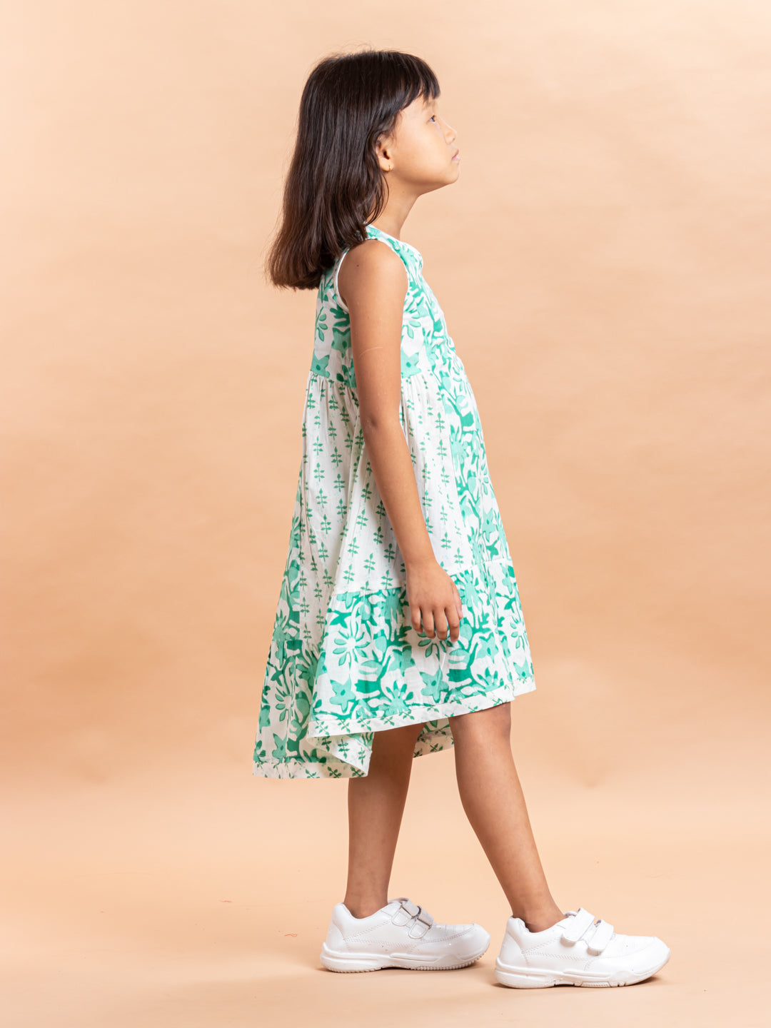 Girls Printed Dress- Luna Block Jaal Aqua