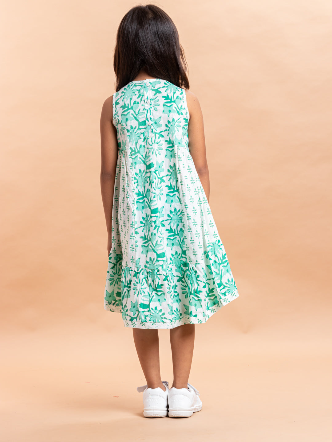 Girls Printed Dress- Luna Block Jaal Aqua