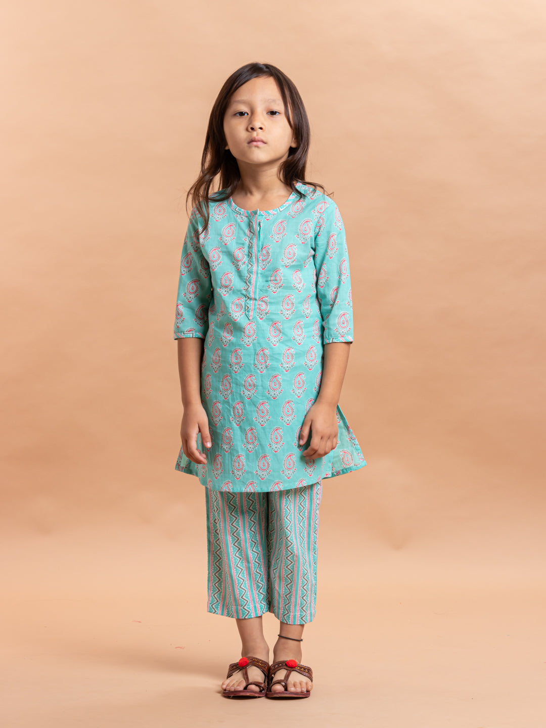 Girls Printed Kurta Set Aqua Paisley