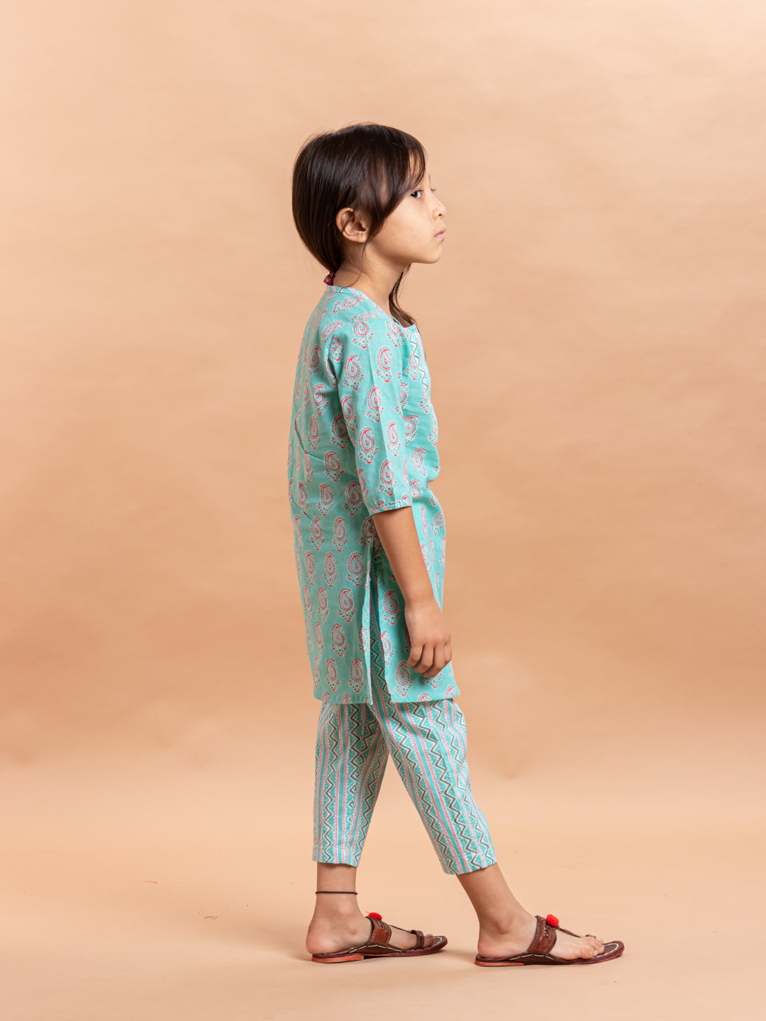Girls Printed Kurta Set Aqua Paisley