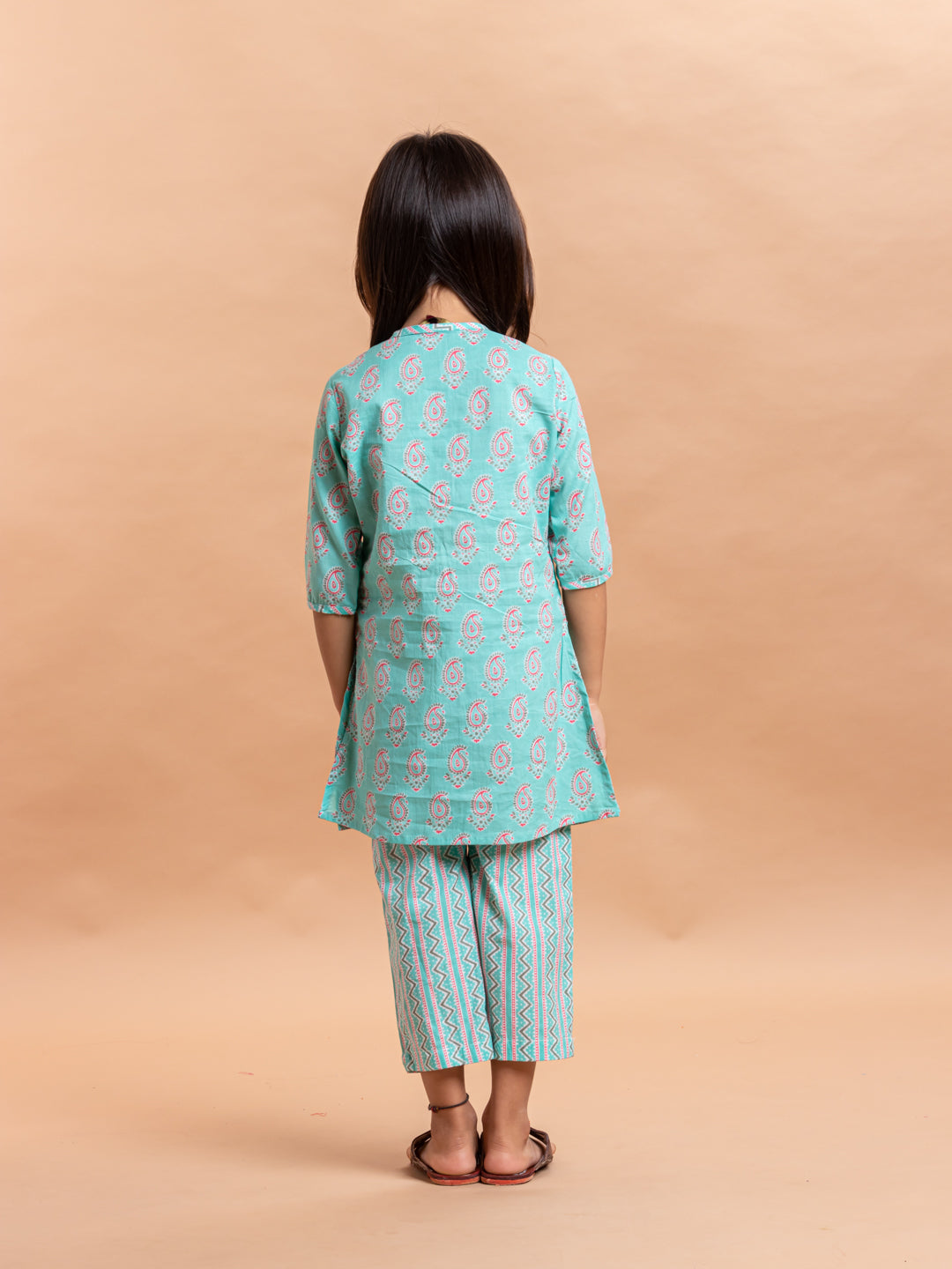 Girls Printed Kurta Set Aqua Paisley