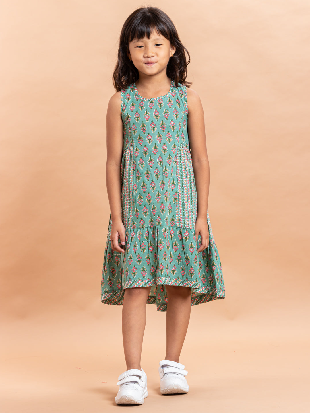 Girls Printed Dress- Luna Buti Green