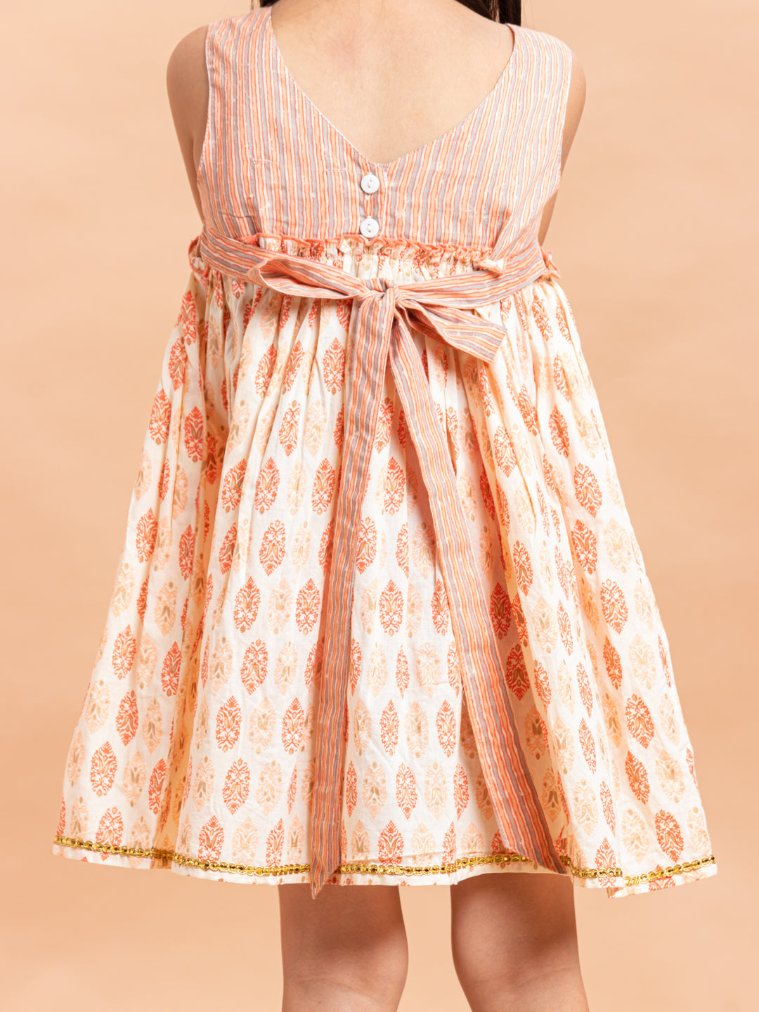 Girls Printed Dress Beige Buti- 20401