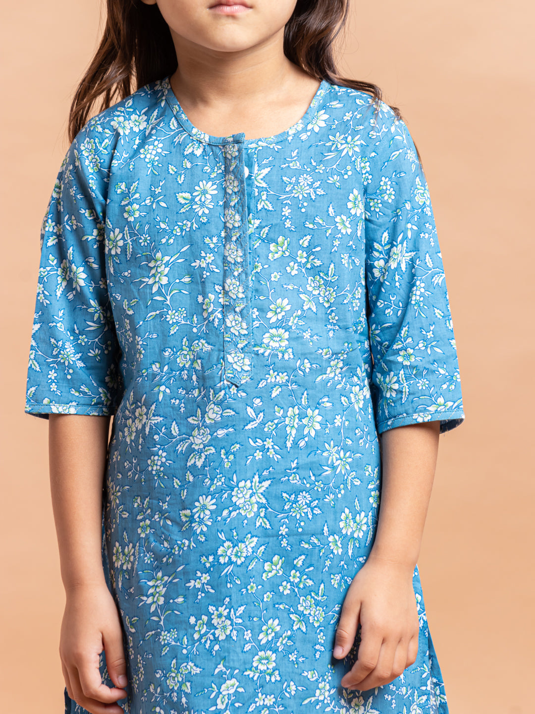 Girls Printed Kurta Set Ditsy Floral Blue