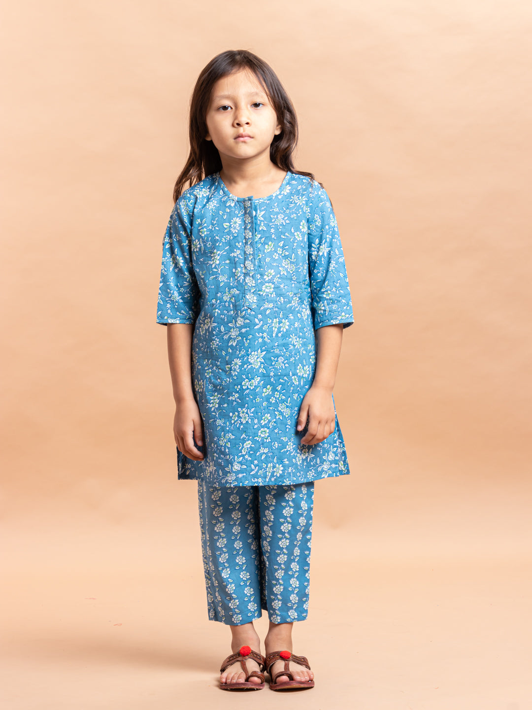 Girls Printed Kurta Set Ditsy Floral Blue