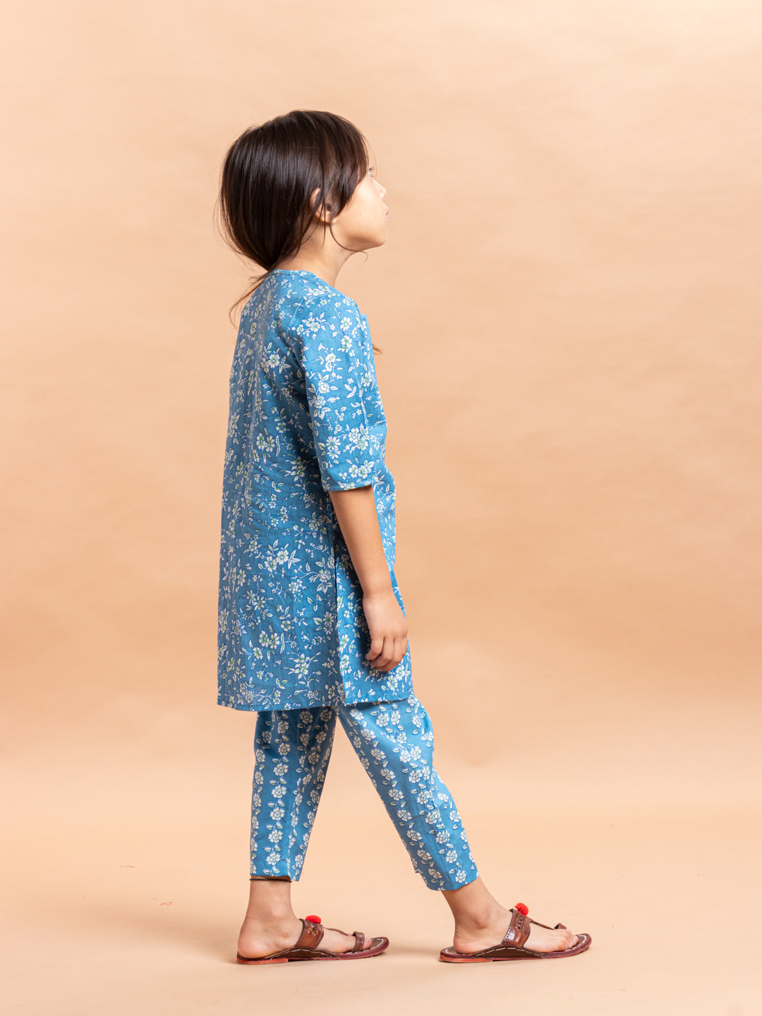 Girls Printed Kurta Set Ditsy Floral Blue