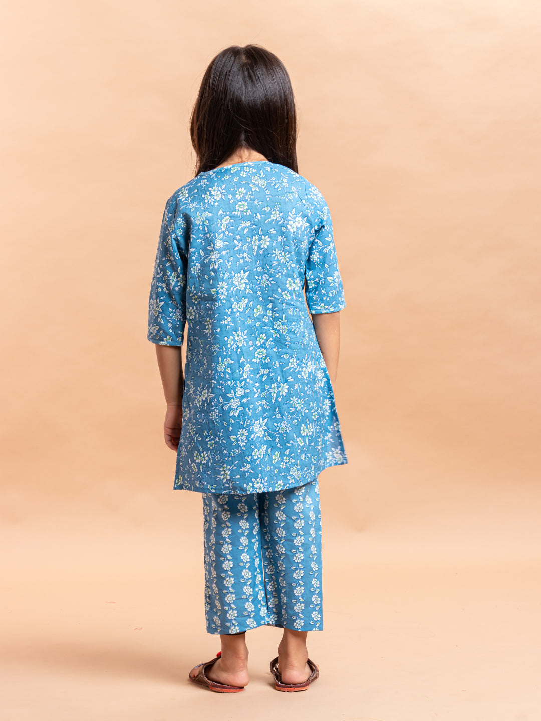 Girls Printed Kurta Set Ditsy Floral Blue