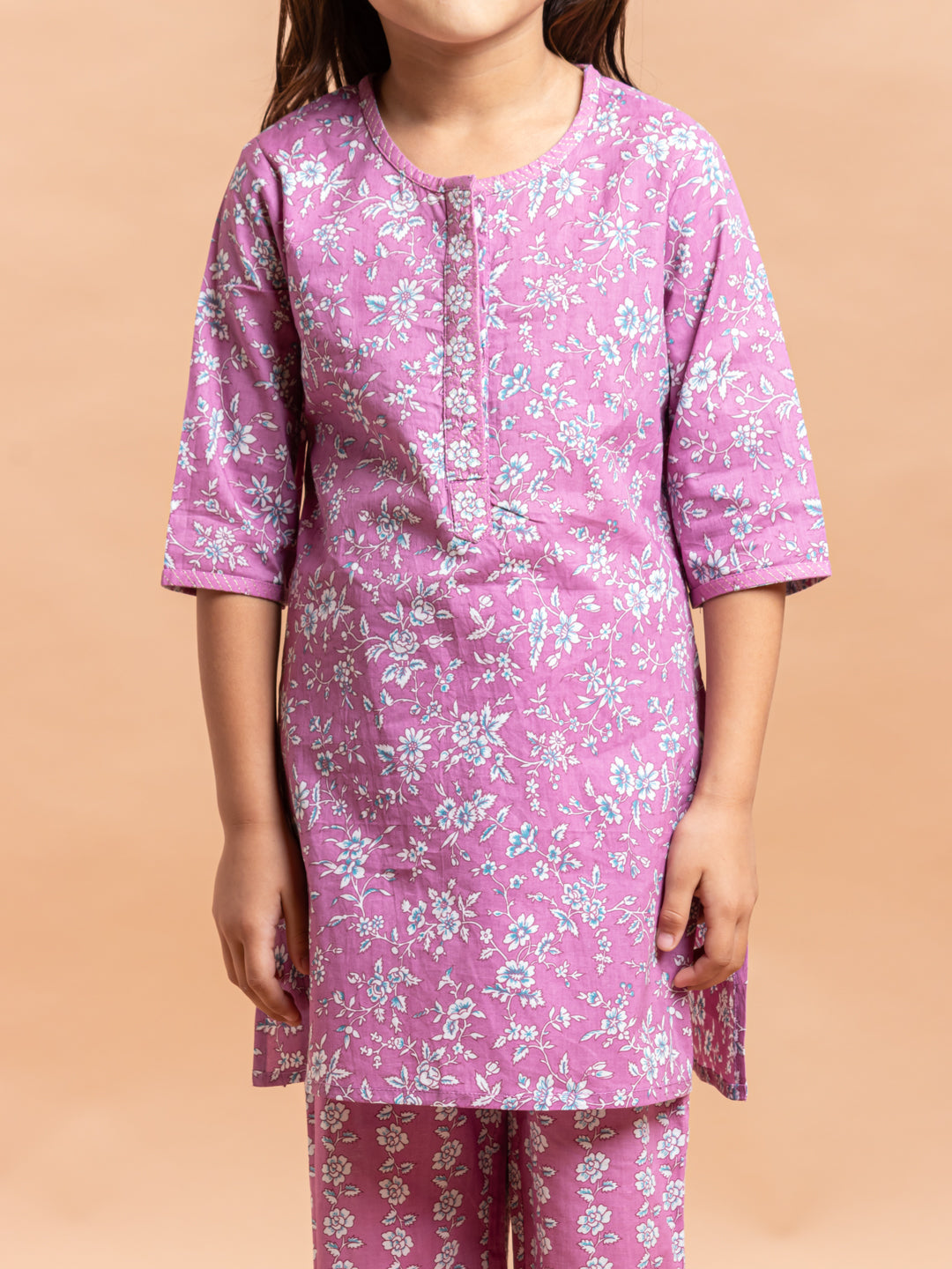 Girls Printed Kurta Set Ditsy Floral Purple