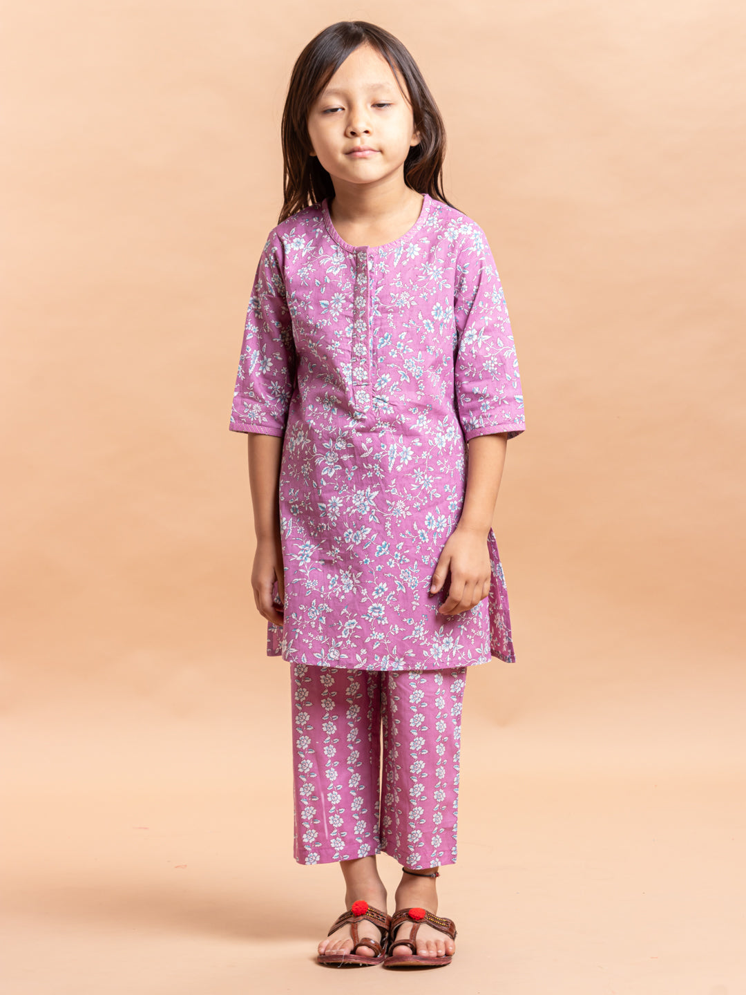 Girls Printed Kurta Set Ditsy Floral Purple