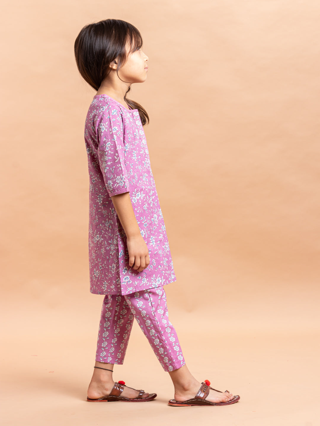 Girls Printed Kurta Set Ditsy Floral Purple