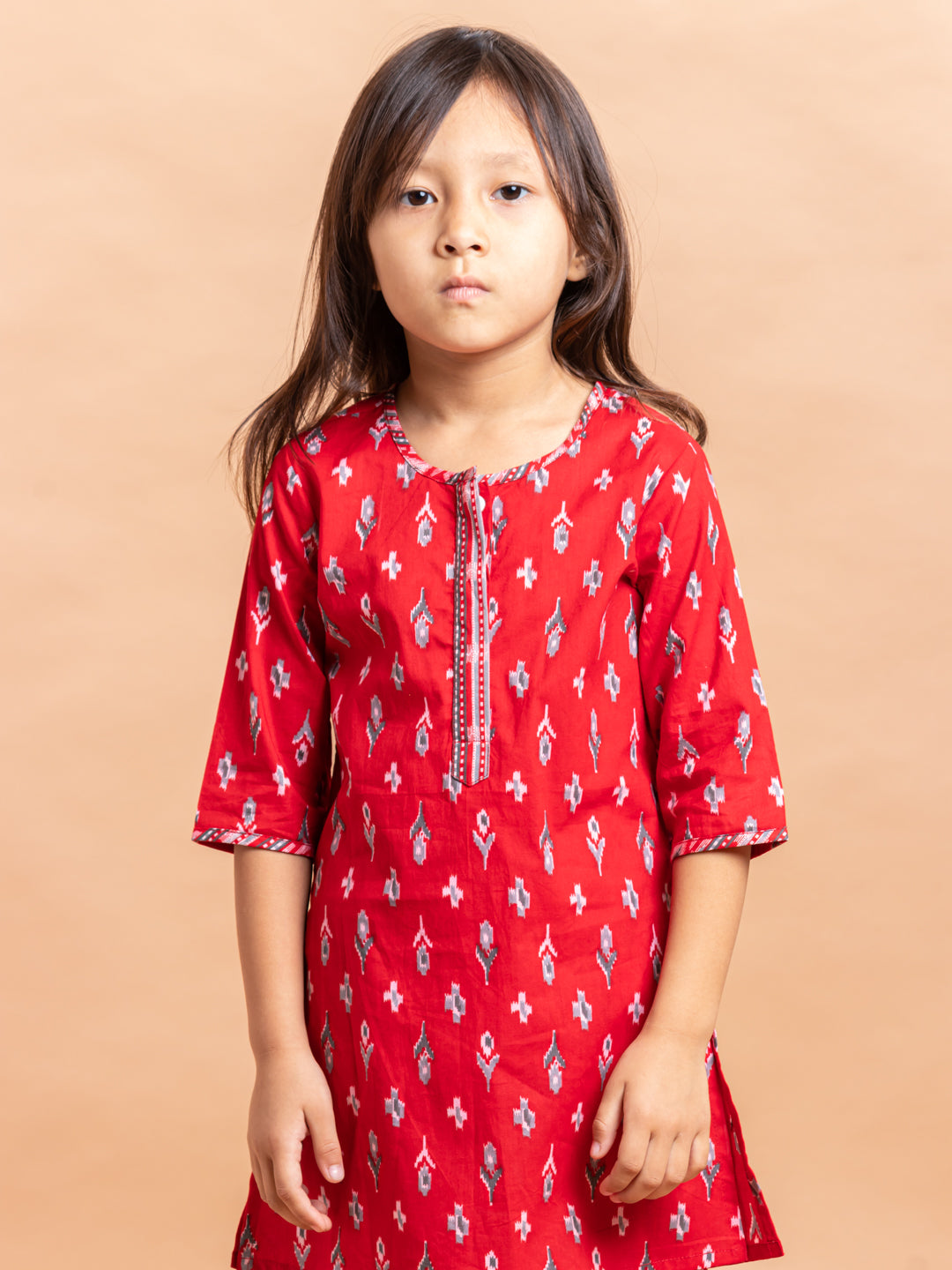 Girls Printed Kurta Set Ikkat Red