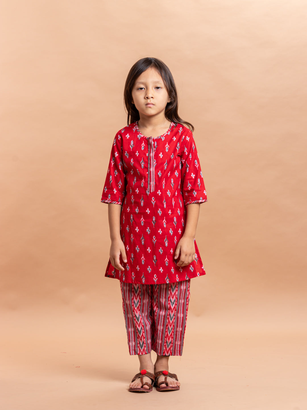 Girls Printed Kurta Set Ikkat Red