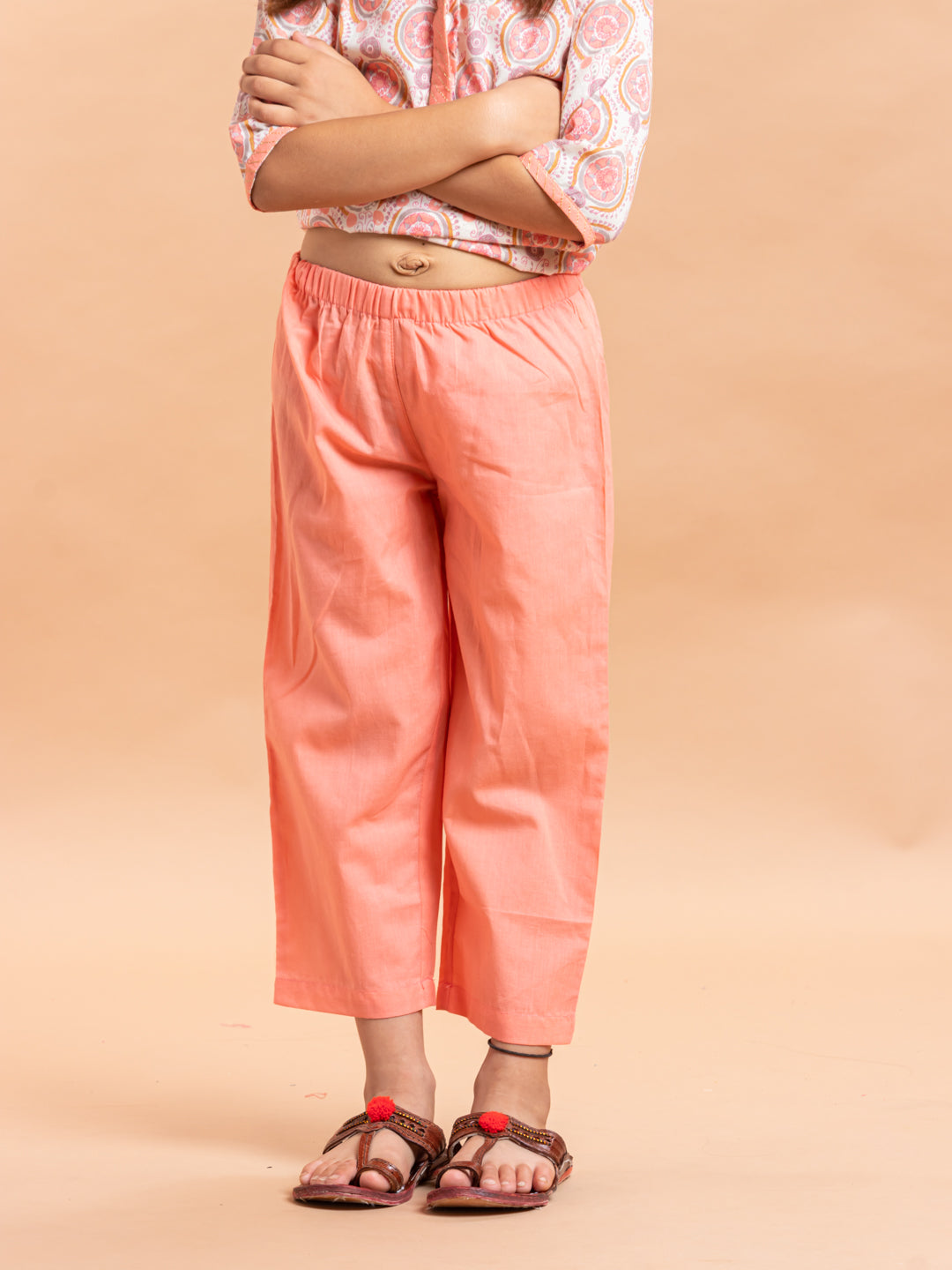 Girls Printed Kurta Set Buti Peach