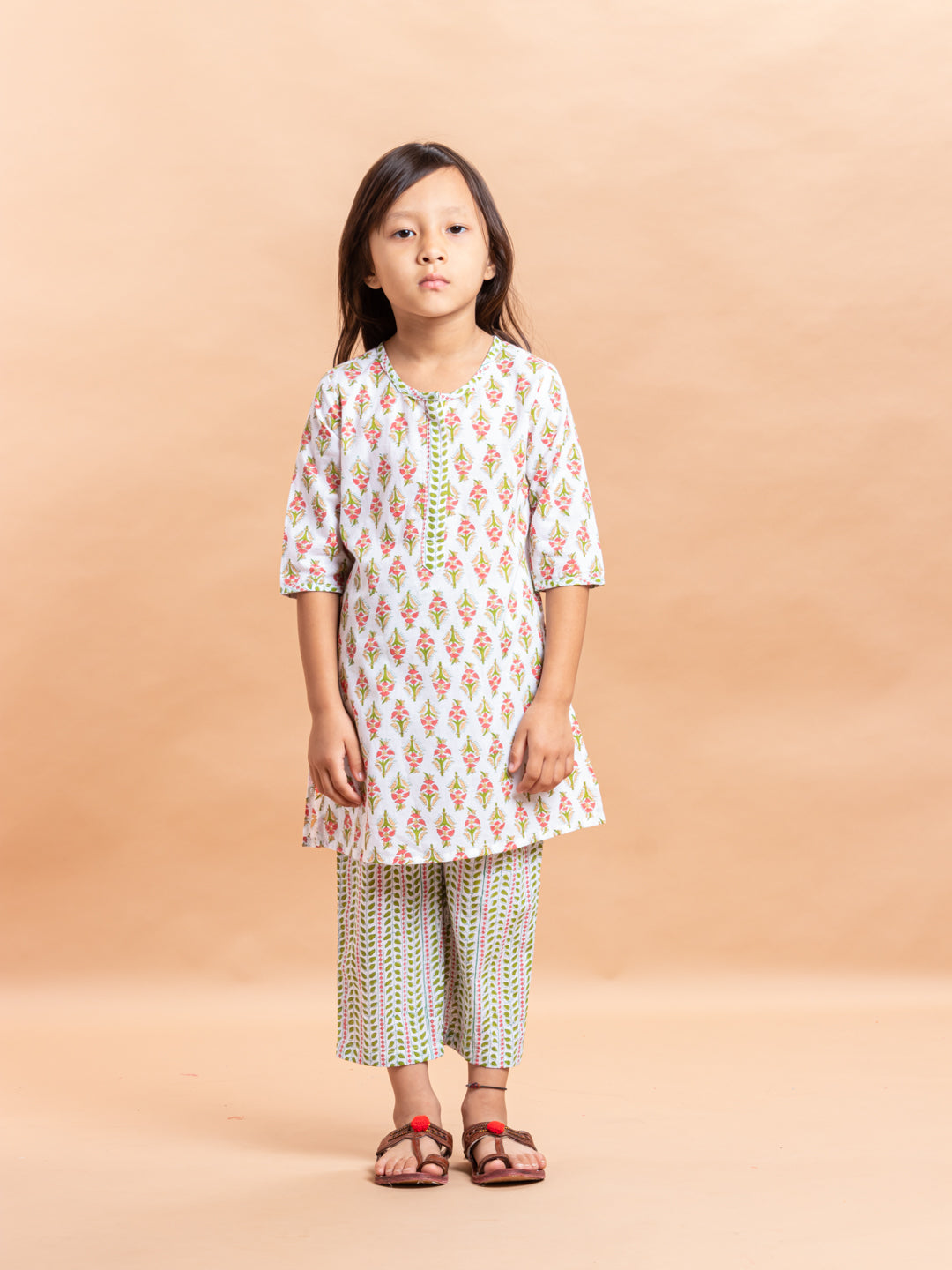 Girls Printed Kurta Set Beige Floral Buti