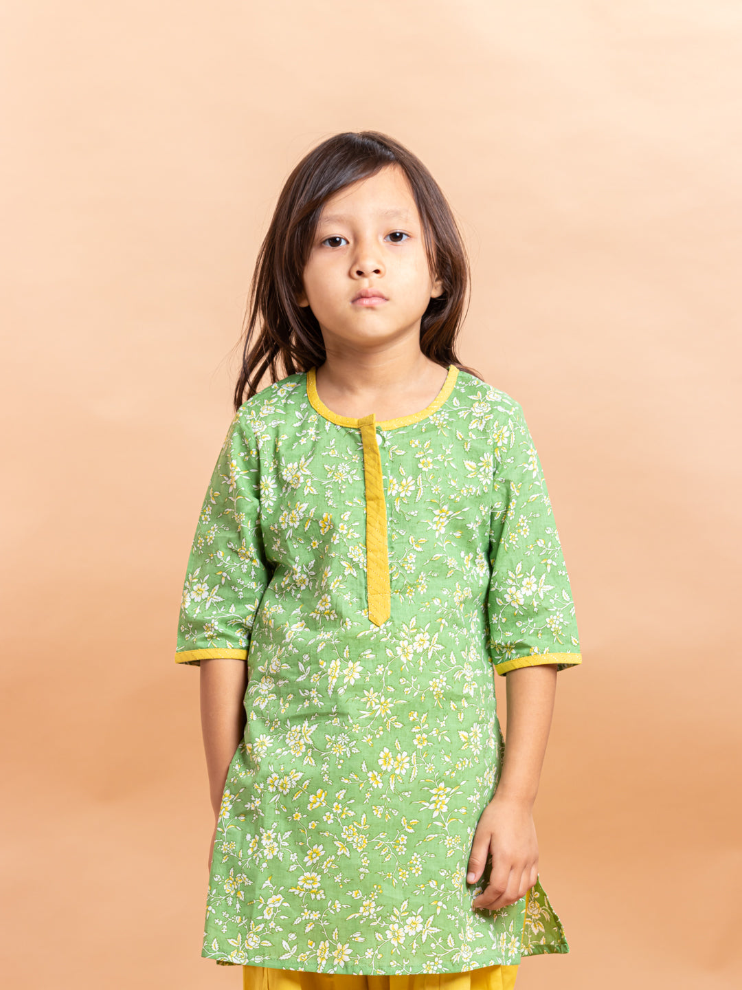 Girls Printed Kurta Set Ditsy Floral Green