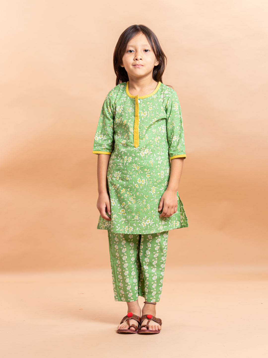 Girls Printed Kurta Set Ditsy Floral Green