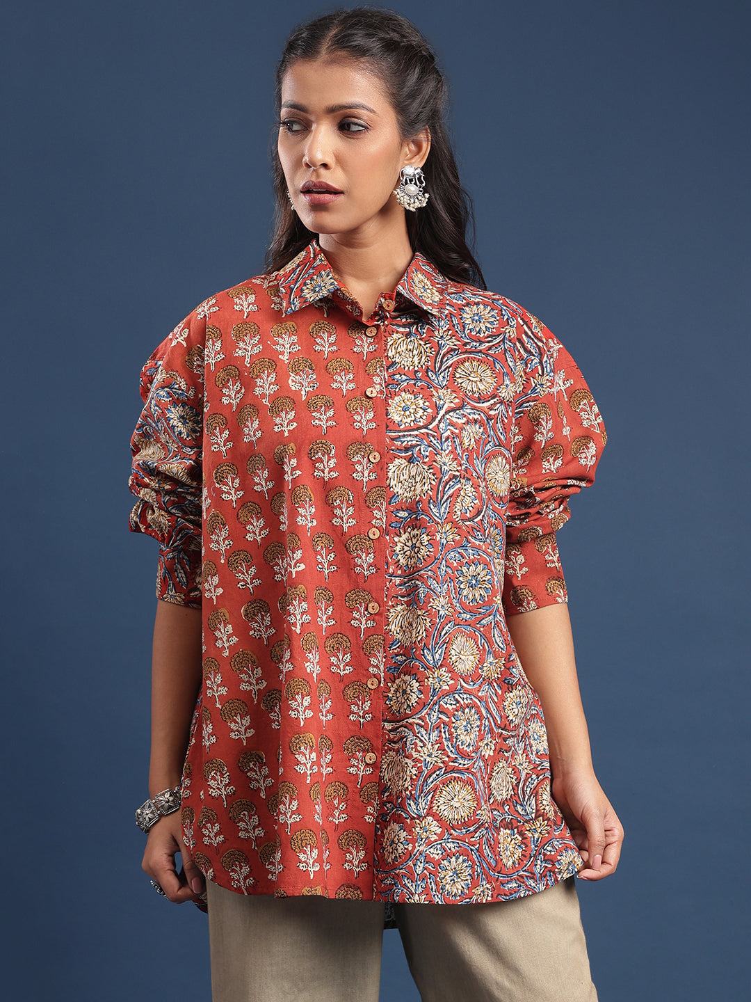 Women Block printed Piyu Oversized shirt marigold