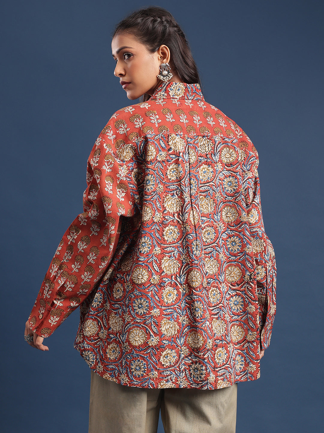 Women Block printed Piyu Oversized shirt marigold