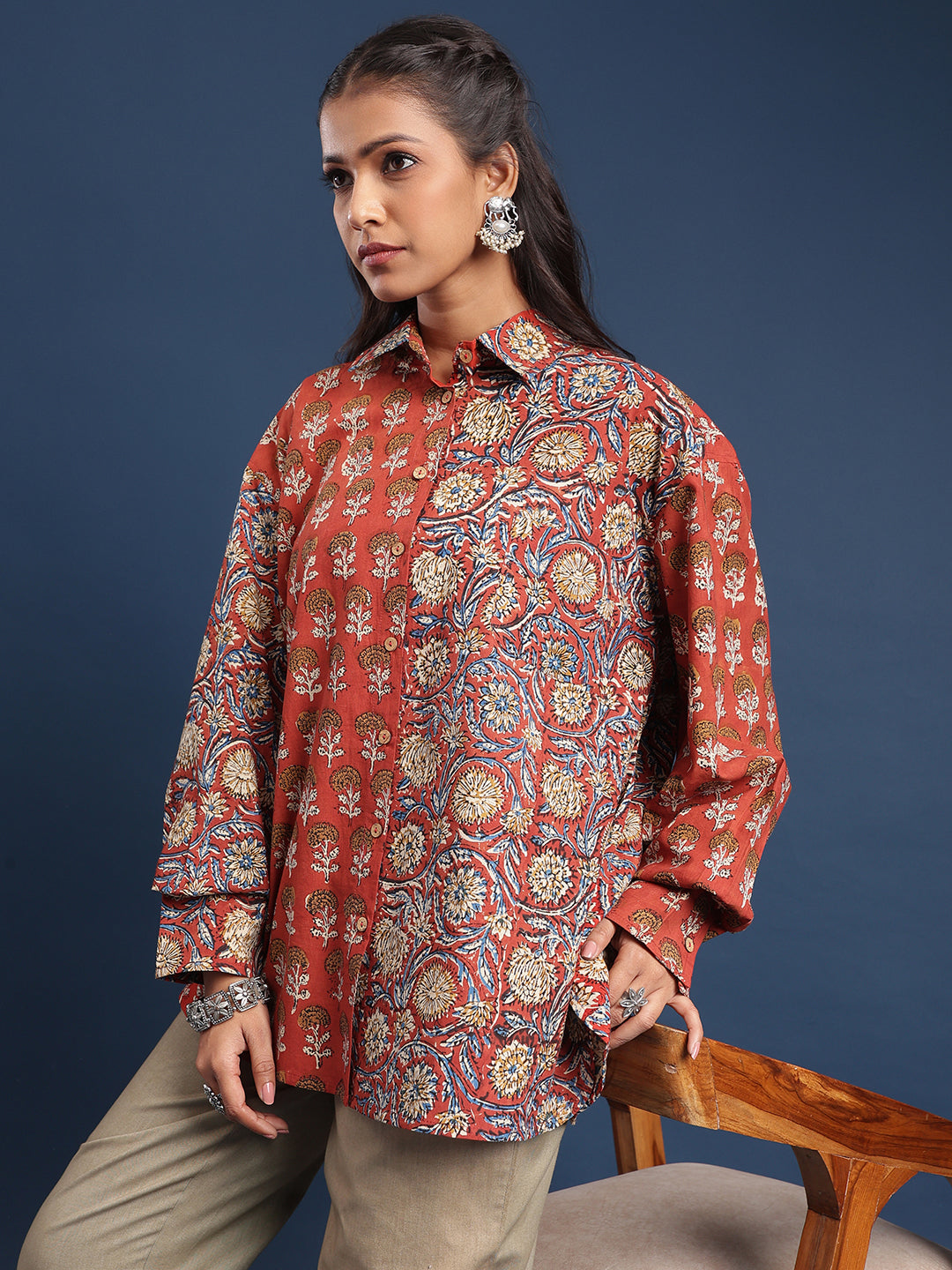 Women Block printed Piyu Oversized shirt marigold