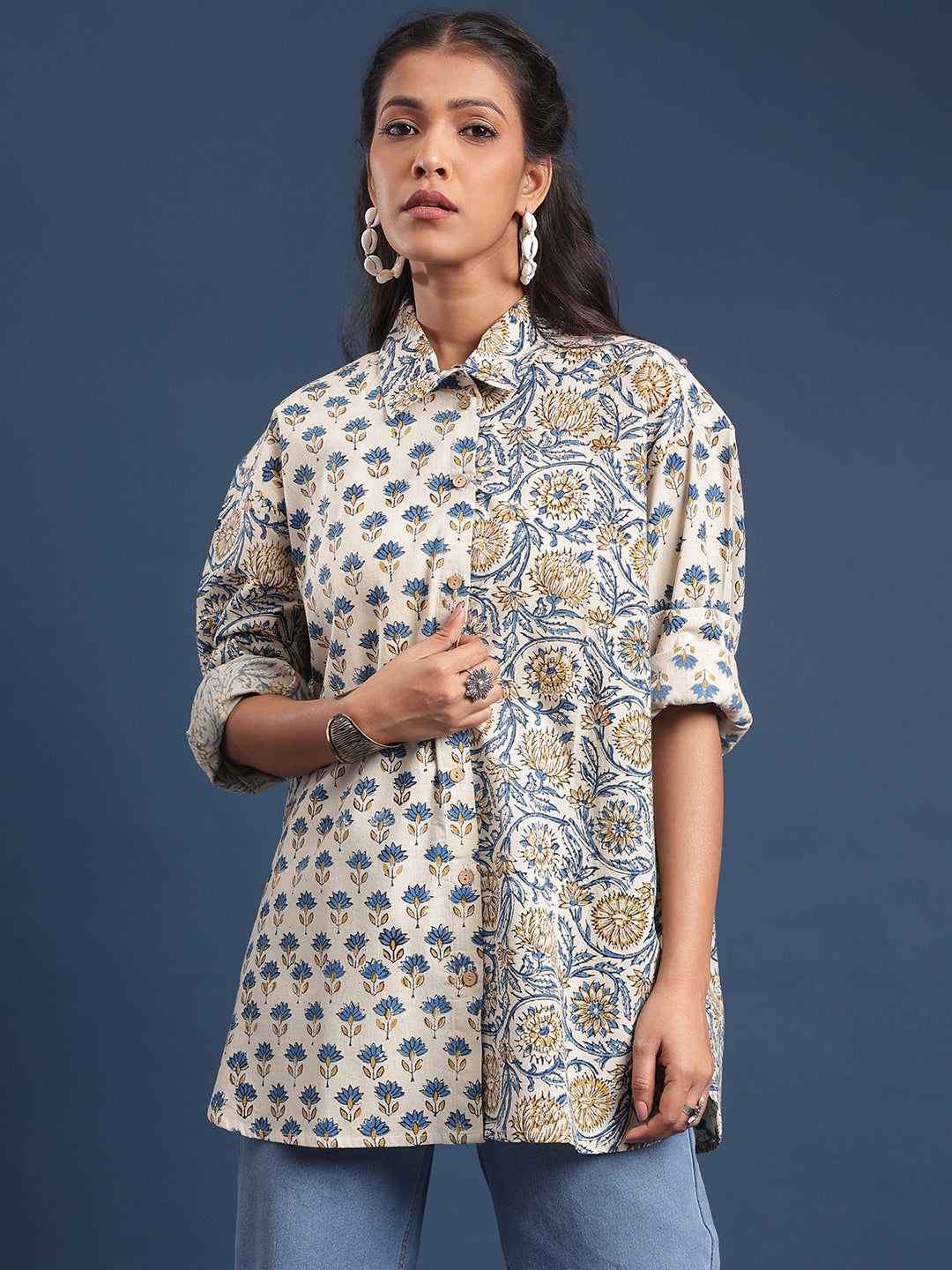 Women Block printed Piyu Oversized shirt marigold