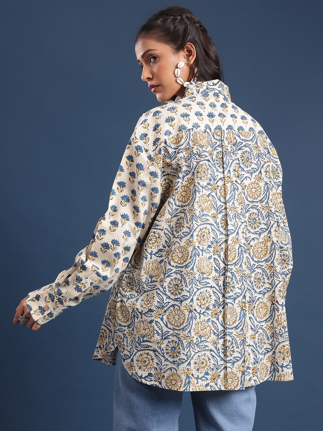 Women Block printed Piyu Oversized shirt marigold