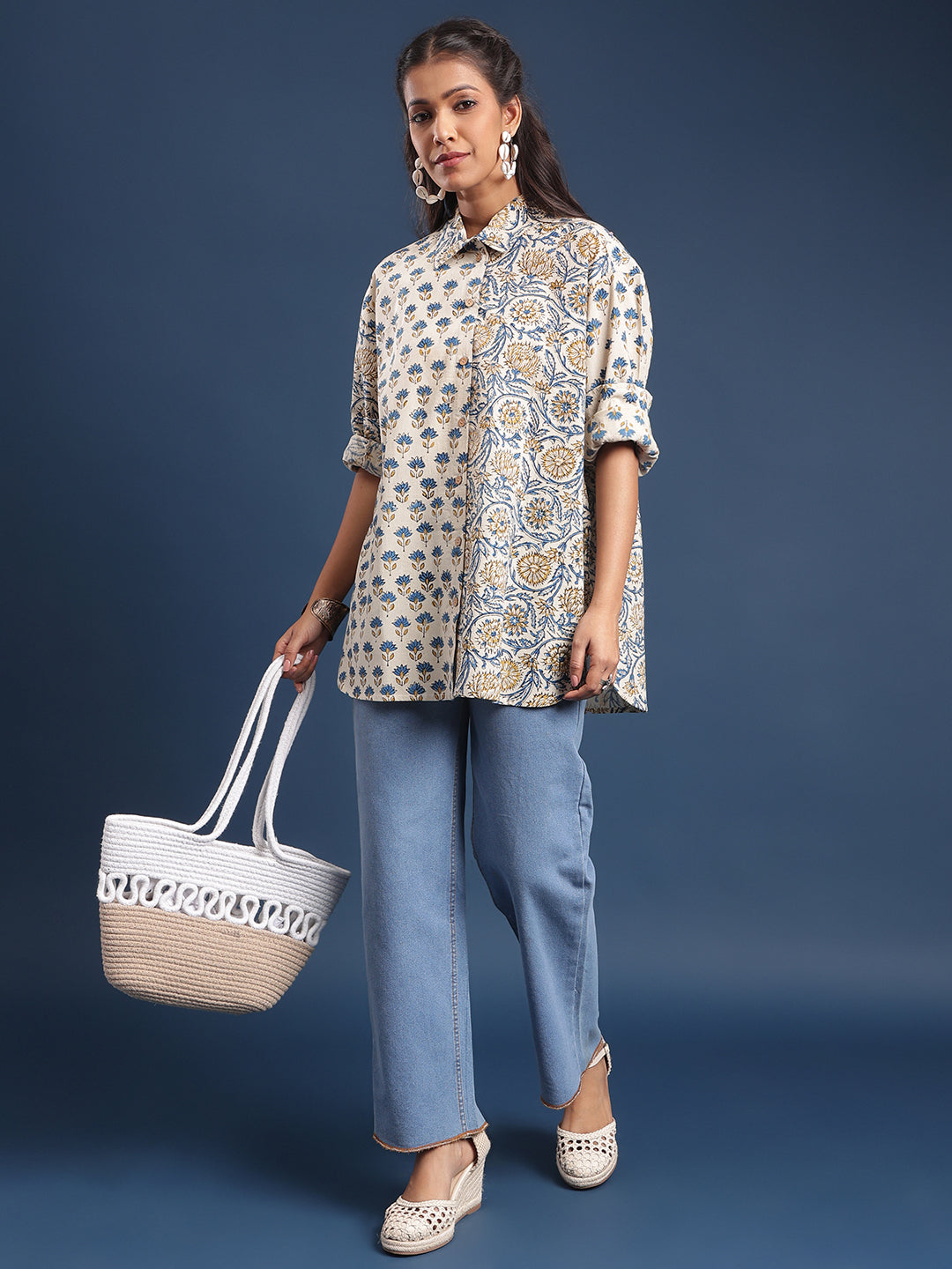 Women Block printed Piyu Oversized shirt marigold