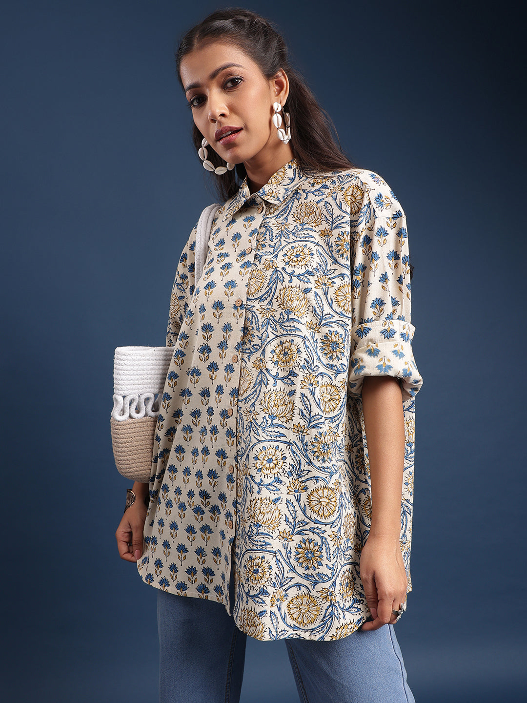 Women Block printed Piyu Oversized shirt marigold