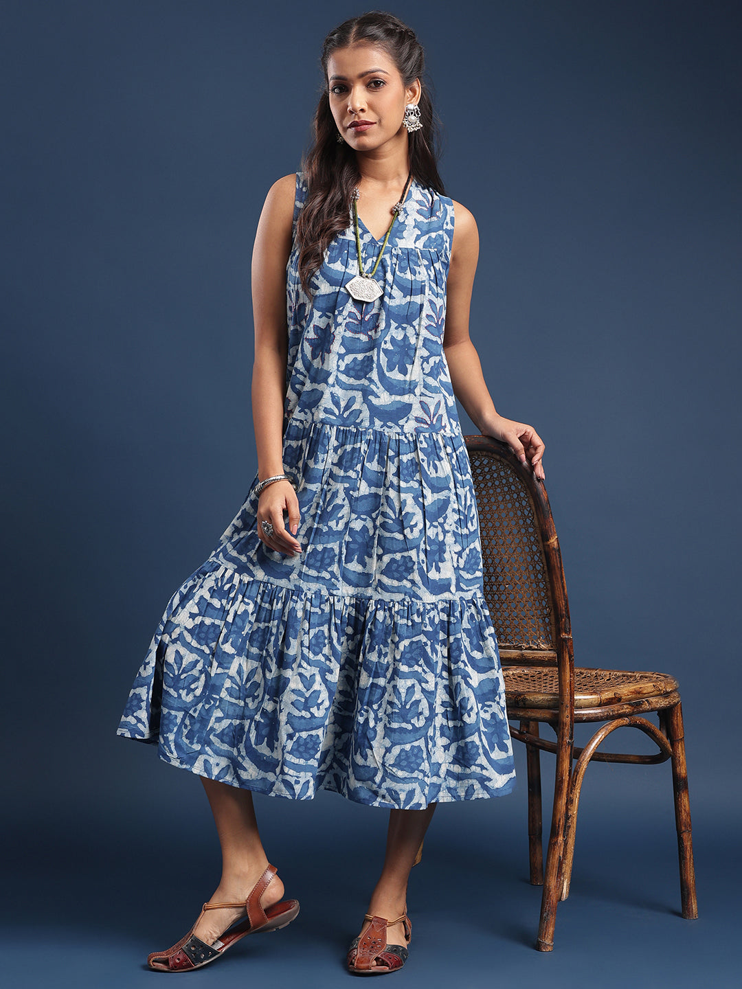Women Tiered dress Nirmala Floral Indigo