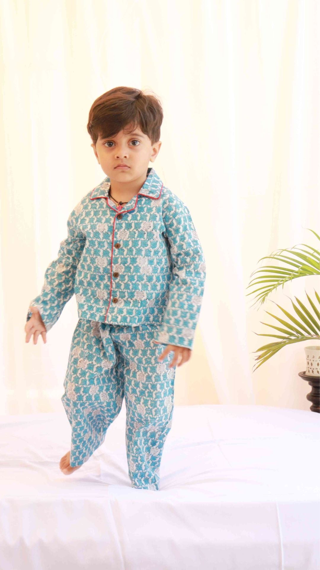 Block Printed Unisex Night Suit Set Tortoise Blue