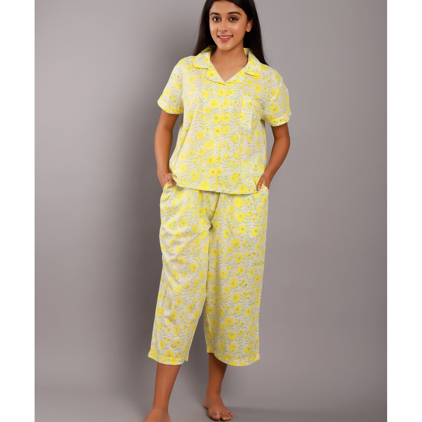 Floral Night Suit Capris Set Yellow