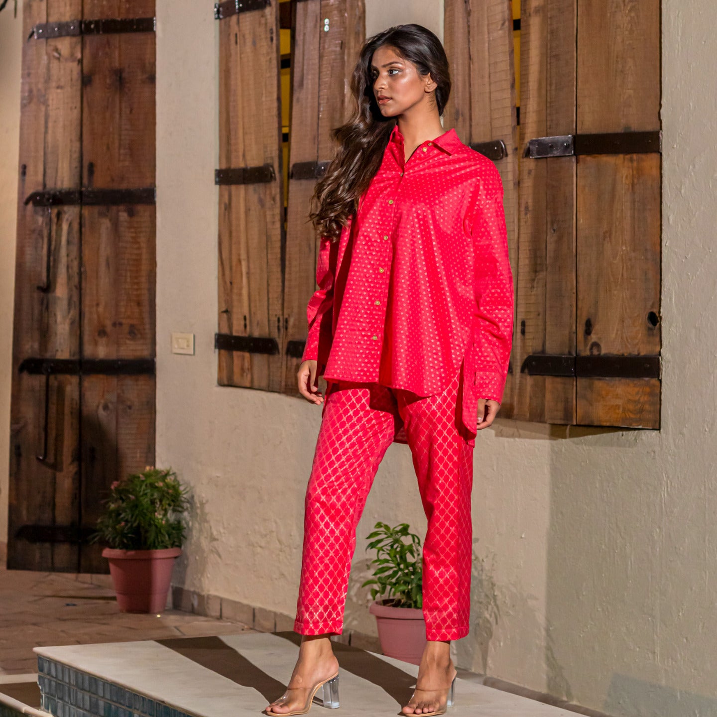 Women Jacquard Chanderi Over sized Shirt Coord Set Red