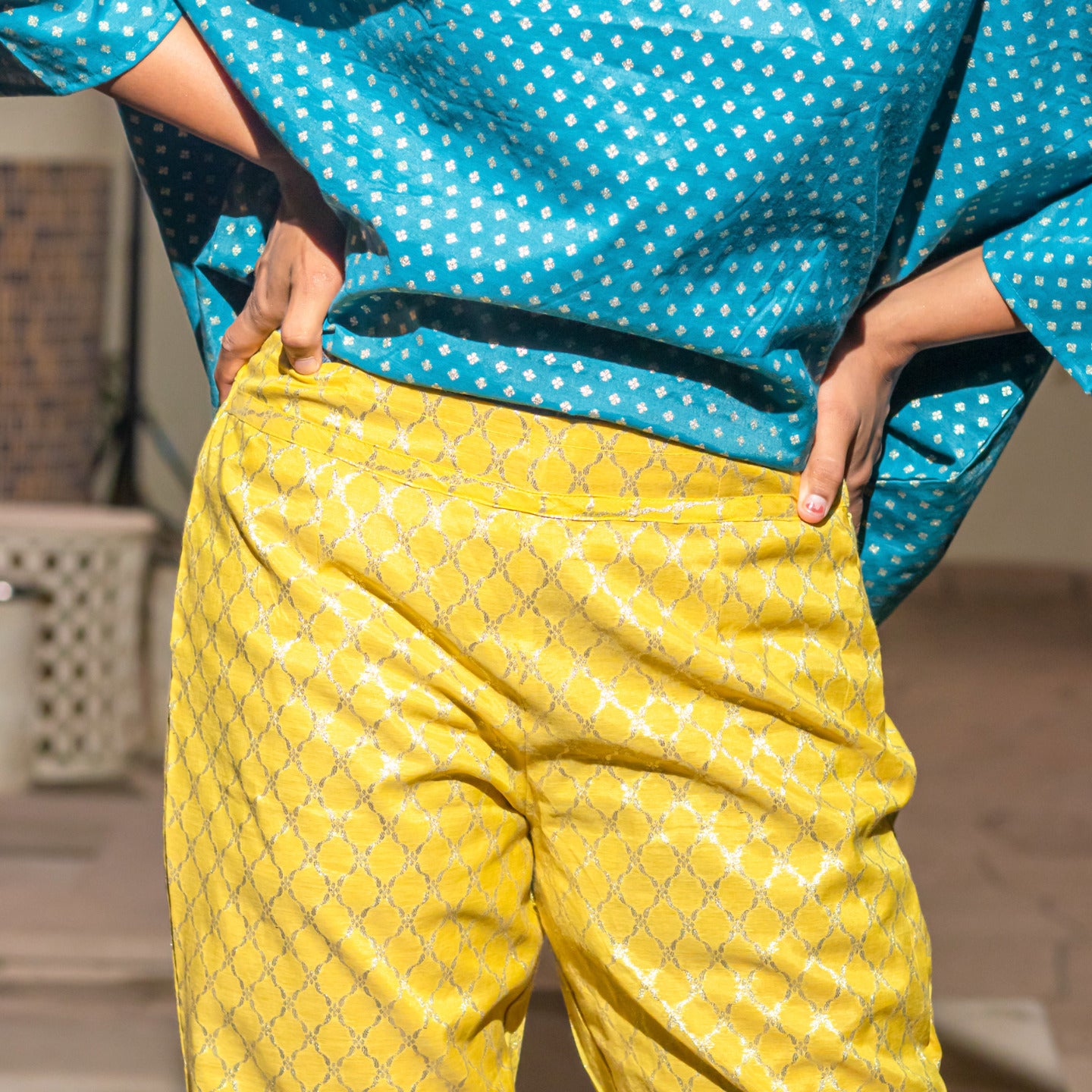 Women Jacquard Chanderi Coord Set Blue- Yellow