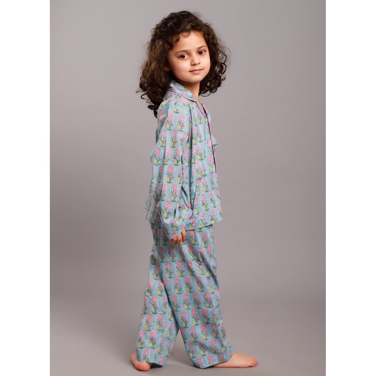 Block Printed Girl's Nightsuit set Ethnic buti Blue- Pink
