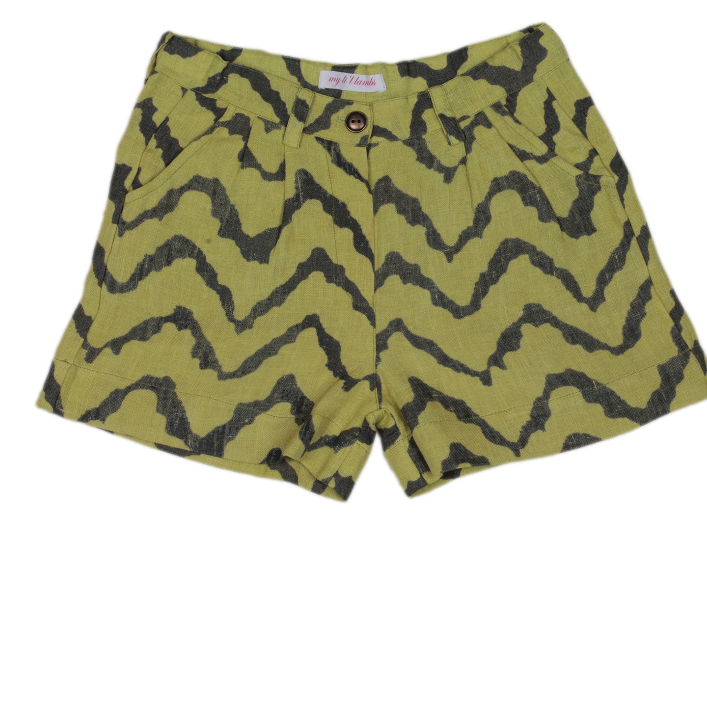 Linen Girls Printed Shorts Zig Zag Green